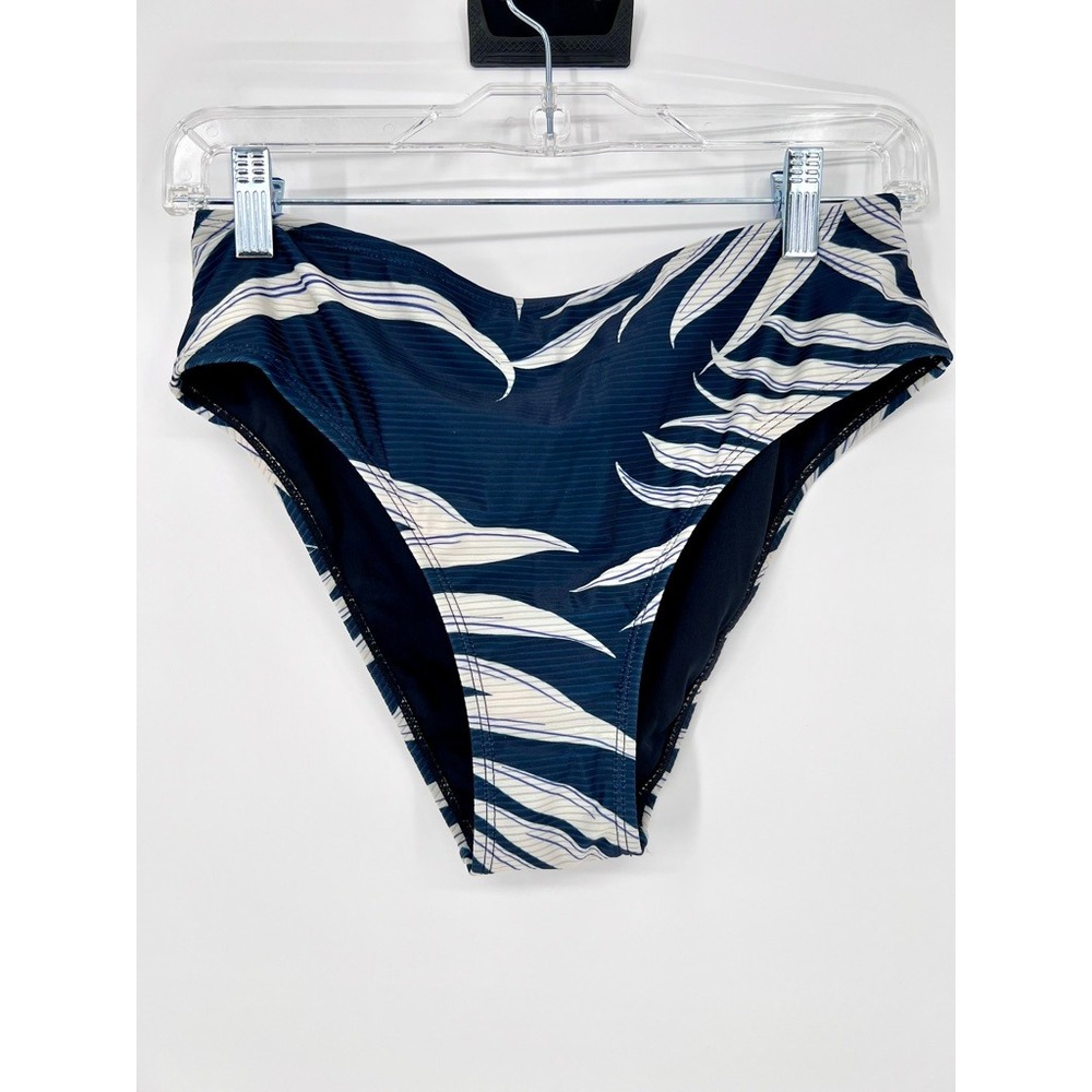 NWT Cupshe Womens M Navy Blue White Tropical Palm Leaf Ribbed Bikini Bottoms